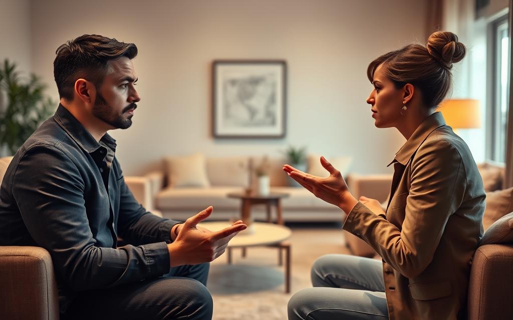 A tense yet constructive confrontation conversation takes place in a well-lit, modern living room. In the foreground, two individuals sit facing each other, their expressions resolute but not confrontational. The middle ground depicts a sense of open, honest dialogue, with hands gesturing subtly. In the background, soft neutral tones and minimalist decor create a calming atmosphere, suggesting a safe space for difficult discussions. Warm, directional lighting illuminates the scene, capturing the gravity of the moment while maintaining an air of professionalism and composure.