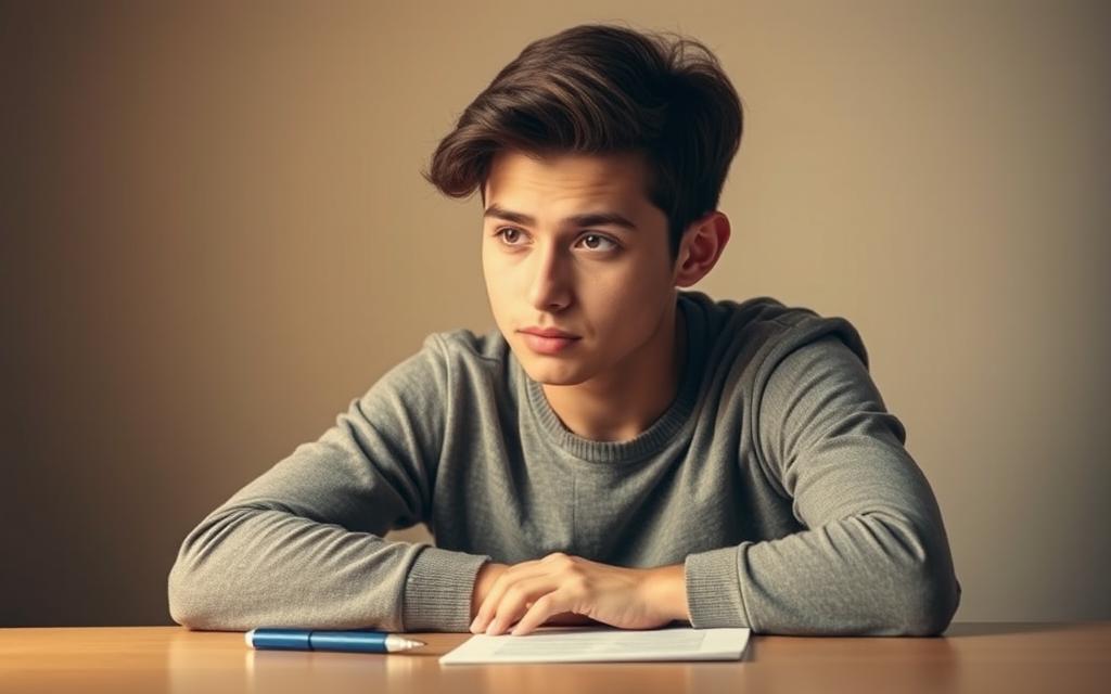 A thoughtful young person sitting at a desk, contemplating their relationship future, with a pen and paper in front of them. The lighting is soft and warm, creating a contemplative atmosphere. The background is blurred, with muted tones, allowing the subject to be the focal point. The person's expression is one of deep concentration, as they weigh their options and consider the practical steps to decide the future of their relationship.