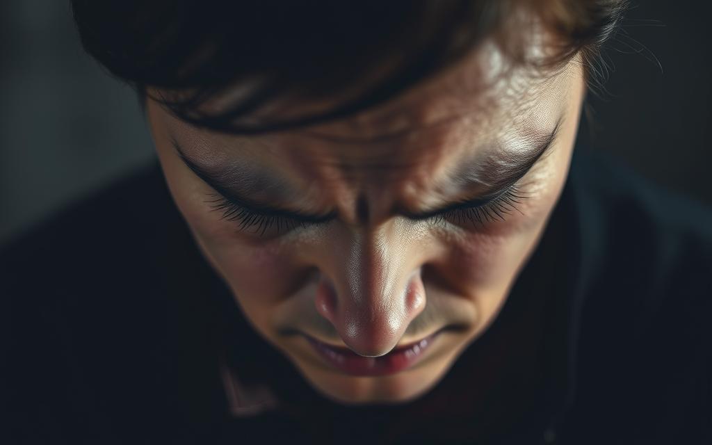 A tightly framed shot of a person's face, eyes downcast, expression conveying deep anguish and hurt. The lighting is dramatic, casting shadows that accentuate the emotional tension. The background is blurred, with muted colors and a sense of isolation, emphasizing the solitary, introspective nature of the subject's experience. The composition draws the viewer's gaze directly to the central figure, inviting them to empathize with the profound emotional impact of infidelity.