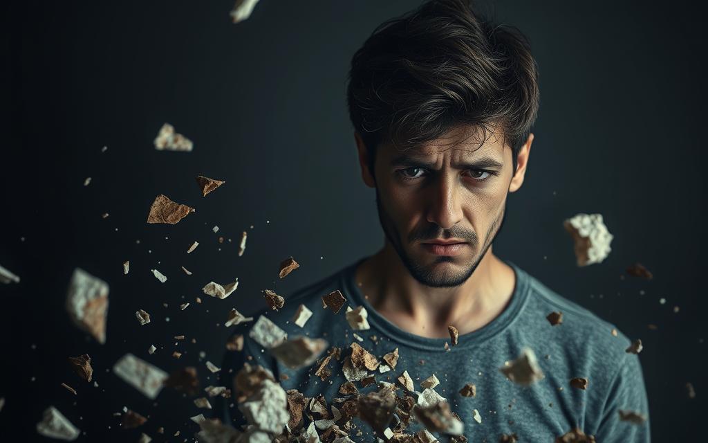 A troubled individual, their expression etched with anguish, stands against a dimly lit backdrop. The foreground is a swirling vortex of emotions, with shattered fragments of trust and broken promises cascading around them. The middle ground reveals a once-vibrant relationship, now strained and fractured, while the background depicts a sense of isolation and the weight of mental anguish. The lighting is somber, creating a palpable sense of despair and the aftermath of infidelity. The scene evokes a profound psychological impact, capturing the raw vulnerability and the lingering scars that infidelity can leave on its victims.