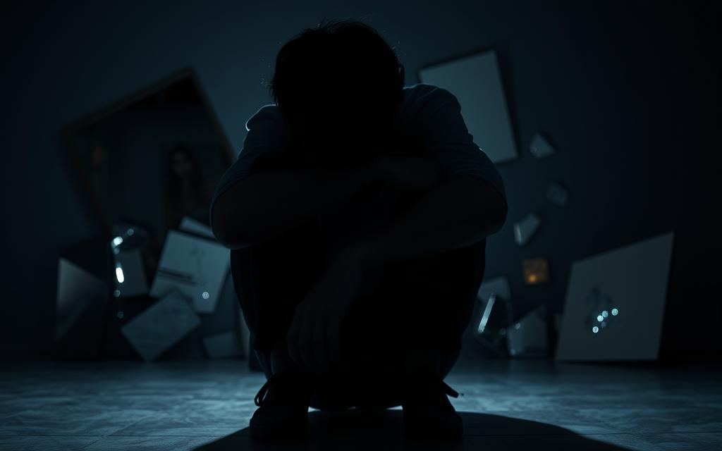 A troubled young adult sits hunched over, overwhelmed by the demands of adulthood. The lighting is dim, casting long shadows that symbolize the burdens weighing on their shoulders. In the background, abstract shapes and fragments of shattered mirrors suggest a fractured sense of self and an inability to see a clear path forward. The overall atmosphere conveys a palpable sense of emotional turmoil, immaturity, and a personal crisis that threatens to consume the individual. The composition and tone evoke a powerful narrative of the underlying factors that can contribute to infidelity in relationships.