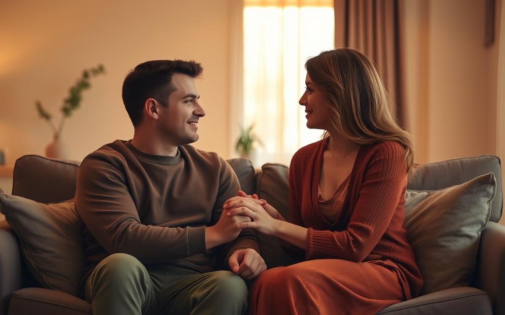 A warm, cozy living room setting with a couple sitting on a comfortable sofa, facing each other and holding hands. The room is bathed in soft, golden lighting, creating a serene and intimate atmosphere. The couple's expressions convey a sense of vulnerability, openness, and a willingness to rebuild the trust and intimacy in their relationship after a difficult period. The room is sparsely decorated, with a single potted plant or a piece of artwork on the wall, emphasizing the focus on the couple's connection. The overall scene evokes a sense of hope, understanding, and a journey towards emotional recovery and healing.