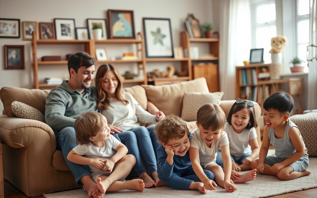 A warm, family-oriented scene set in a cozy, well-lit living room. In the foreground, a couple sits closely together on a plush sofa, their body language and facial expressions conveying a sense of closeness and connection. In the middle ground, children of various ages play on the floor, their laughter and playful movements creating a sense of domestic bliss. The background features framed family photographs, bookshelves, and other personal touches that suggest a strong, supportive home environment. The lighting is soft and natural, creating a sense of comfort and intimacy. The overall mood is one of unity, trust, and a deep sense of belonging.