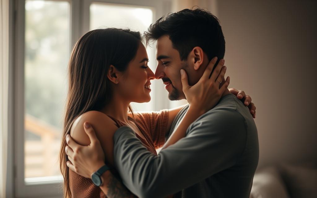 A warm, intimate embrace between two individuals, their faces close, eyes locked in a profound connection. Soft, natural lighting filters through a window, casting a gentle glow on their features. The background is blurred, creating a sense of focus and intimacy, drawing the viewer's attention to the authentic connection shared between the couple. Their body language is relaxed, conveying a deep trust and understanding. The composition is balanced, with the subjects positioned centrally, filling the frame. The overall mood is one of vulnerability, vulnerability, and genuine emotional resonance.