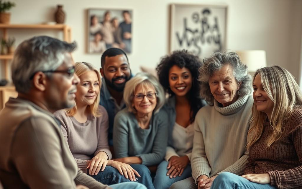 A warm, supportive group of diverse individuals gathered in a comfortable, cozy setting, offering a sense of community and understanding for someone recovering from the trauma of infidelity. The foreground depicts attentive listeners with empathetic expressions, while the middle ground shows a soft, comforting ambiance with muted lighting and calming colors. The background suggests a nurturing, safe environment, perhaps a living room or counseling space, with subtle, tasteful decor that promotes a sense of healing and restoration. The overall mood is one of care, compassion, and the reassurance of a strong support system during a difficult time.