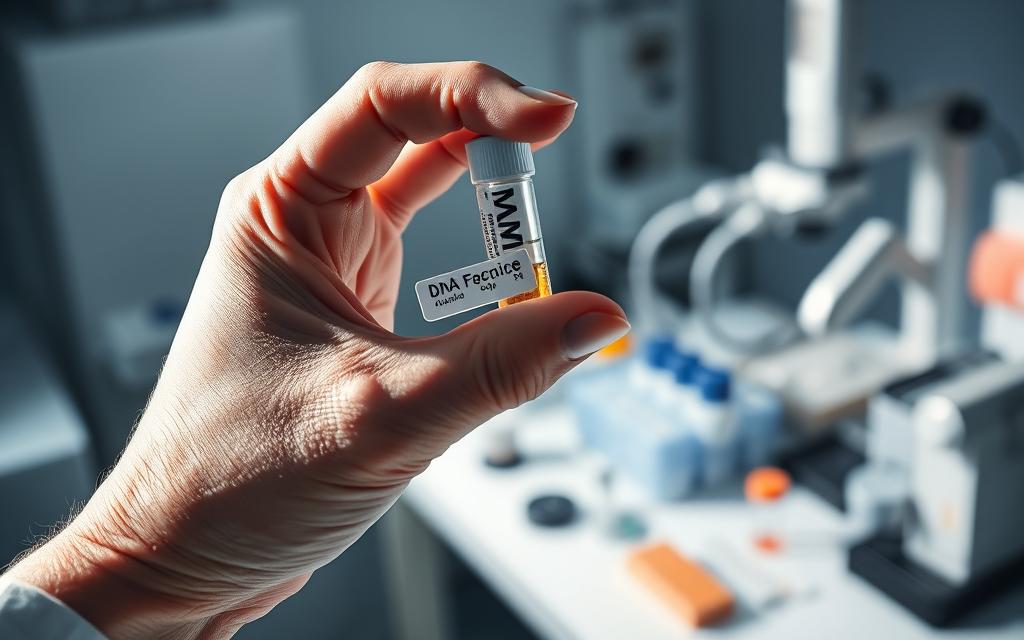 A well-lit and highly detailed close-up shot of a human hand holding a DNA sample container, showcasing the intricate process of forensic DNA testing. The container is transparent, revealing the DNA sample within. The background is a sterile, clinical laboratory setting with scientific equipment and instruments in sharp focus, suggesting the high-tech and precise nature of the analysis. The lighting is bright and directional, creating dramatic shadows and highlights that emphasize the importance and complexity of the DNA testing procedure. The overall atmosphere is one of scientific rigor, precision, and the uncovering of hidden evidence. A well-lit and highly detailed close-up shot of a human hand holding a DNA sample container, showcasing the intricate process of forensic DNA testing. The container is transparent, revealing the DNA sample within. The background is a sterile, clinical laboratory setting with scientific equipment and instruments in sharp focus, suggesting the high-tech and precise nature of the analysis. The lighting is bright and directional, creating dramatic shadows and highlights that emphasize the importance and complexity of the DNA testing procedure. The overall atmosphere is one of scientific rigor, precision, and the uncovering of hidden evidence.