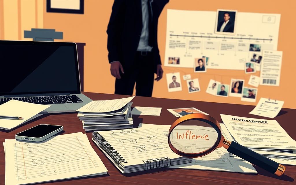 A well-lit, high-resolution illustration depicting various types of infidelity evidence. The foreground features a desk with a smartphone, a laptop, a stack of handwritten notes, and a private investigator's magnifying glass. The middle ground showcases a timeline of text messages, bank statements, and photographic evidence. In the background, a shadowy figure lurks, alluding to the deceptive nature of the subject matter. The overall scene conveys a somber, investigative mood, illuminated by warm, directional lighting that highlights the evidentiary materials. The composition emphasizes the systematic, forensic approach to uncovering the truth about a partner's unfaithfulness.