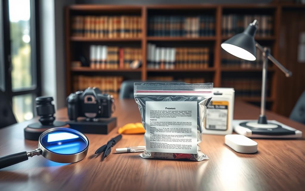 A well-lit, high-resolution photograph of a table in a modern law office, showcasing various legal evidence collection tools and methods. In the foreground, a magnifying glass, tweezers, and a clear evidence bag containing a document. In the middle ground, a digital camera, a UV light, and a fingerprint powder kit. In the background, a bookshelf with legal reference materials and a window providing natural lighting. The scene conveys a sense of professionalism, attention to detail, and a focus on gathering admissible evidence.