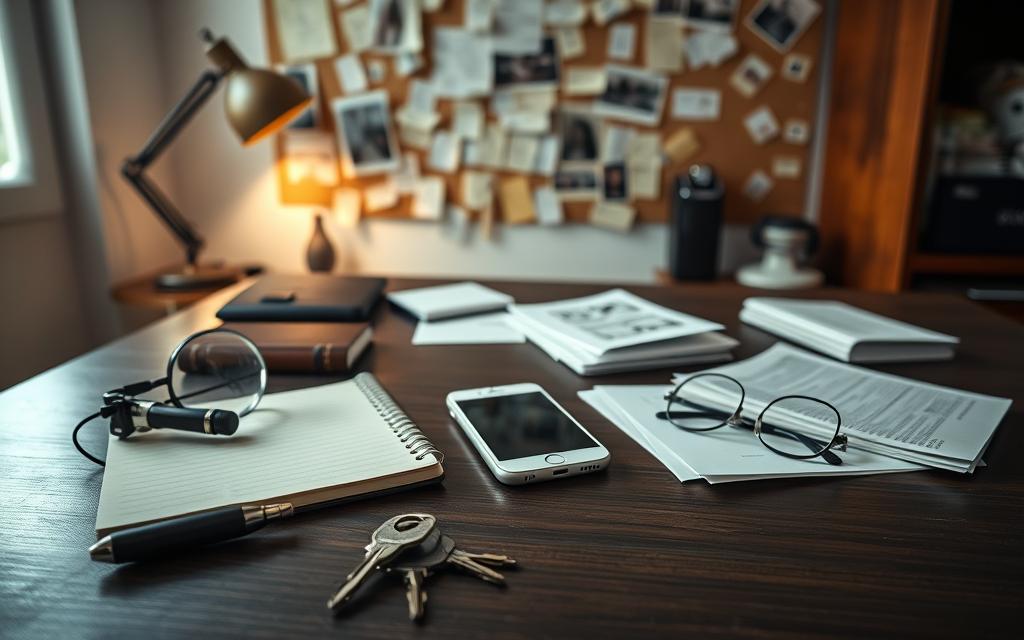 A well-lit home office scene, with an array of investigative tools meticulously arranged on a dark wooden desk. In the foreground, a magnifying glass, a notepad, and a set of keys lie alongside a pair of reading glasses. The middle ground features a smartphone, a digital voice recorder, and a small stack of documents. In the background, a corkboard displays a web of notes, photos, and clues, illuminated by the soft glow of a desk lamp. The overall atmosphere is one of focused determination, as if uncovering the truth is the sole purpose in this space. A well-lit home office scene, with an array of investigative tools meticulously arranged on a dark wooden desk. In the foreground, a magnifying glass, a notepad, and a set of keys lie alongside a pair of reading glasses. The middle ground features a smartphone, a digital voice recorder, and a small stack of documents. In the background, a corkboard displays a web of notes, photos, and clues, illuminated by the soft glow of a desk lamp. The overall atmosphere is one of focused determination, as if uncovering the truth is the sole purpose in this space.