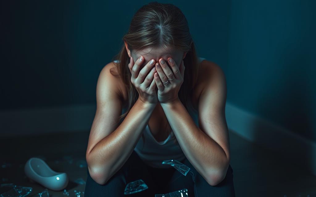 A woman sits alone in a dimly lit room, her face etched with anguish and despair. Shards of broken glass surround her, symbolizing the shattered trust and the emotional turmoil she endures. The room is cast in hues of blue and gray, conveying a sense of melancholy and isolation. The woman's posture is hunched, her hands covering her face, as if to shield herself from the pain of betrayal. The image is captured through a shallow depth of field, focusing on the woman's expression and the fragments of broken glass, emphasizing the intensity of the emotional impact.