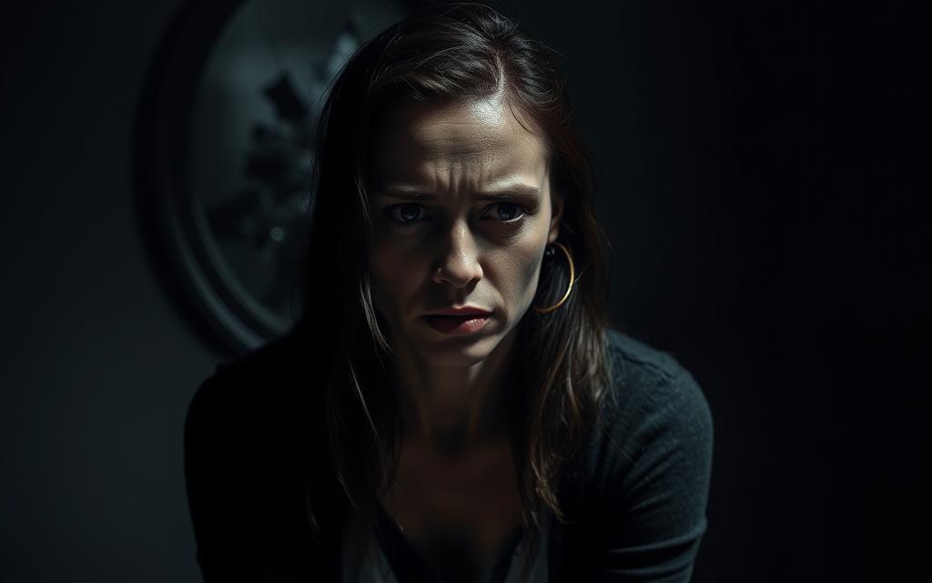 A woman sits alone in a dimly lit room, her face etched with grief and pain. Her eyes are heavy with tears, her expression conveying a deep sense of betrayal and emotional turmoil. The lighting casts dramatic shadows, emphasizing the vulnerability and isolation she feels. In the background, a shattered mirror reflects a fragmented and distorted image, symbolizing the fracturing of her sense of self. The scene is rendered in a somber, muted color palette, evoking a melancholic and haunting atmosphere that captures the psychological aftermath of betrayal.