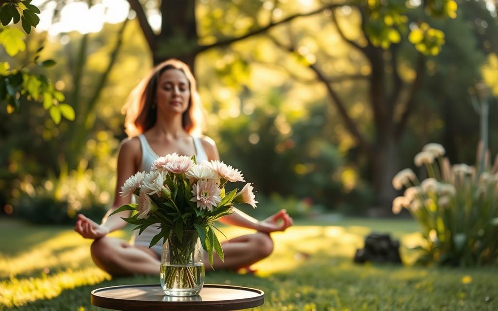A woman sits in a serene garden, surrounded by lush greenery and sunlight filtering through the trees. She is engaged in a mindful yoga practice, her eyes closed and her body relaxed. In the foreground, a vase of freshly cut flowers rests on a small table, symbolizing the beauty and healing that can emerge from difficult times. The overall scene conveys a sense of tranquility, self-reflection, and the gentle process of personal growth after the turmoil of infidelity. The warm, golden lighting and soft, hazy atmosphere create a calming and introspective mood.