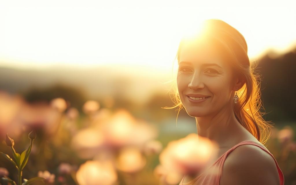 A woman stands in a serene garden, her face illuminated by warm, golden light. She radiates a sense of resilience and inner peace, her eyes reflecting a quiet strength. Soft, blurred blooms in the foreground suggest a journey through emotional healing, while the distant landscape conveys a sense of expansive possibility. The composition is balanced, with a calm, contemplative atmosphere that evokes a feeling of renewal and growth after a period of turmoil.