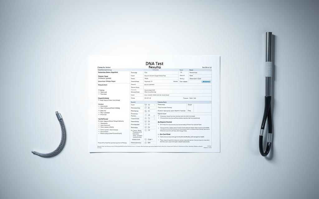 Detailed DNA test results displayed on a clean, minimalist medical background. The test document occupies the center stage, with a sharp focus and vivid clarity. The layout is organized, highlighting the key information sections. Subtle lighting casts a professional, clinical atmosphere. The color palette is muted, with shades of blue, gray, and white dominating the scene. The overall mood is one of authority, precision, and the serious nature of the subject matter. Detailed DNA test results displayed on a clean, minimalist medical background. The test document occupies the center stage, with a sharp focus and vivid clarity. The layout is organized, highlighting the key information sections. Subtle lighting casts a professional, clinical atmosphere. The color palette is muted, with shades of blue, gray, and white dominating the scene. The overall mood is one of authority, precision, and the serious nature of the subject matter.