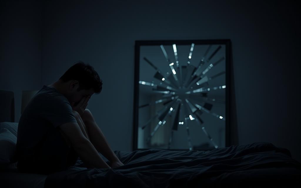 Emotional consequences of infidelity: A somber, melancholic scene. In the foreground, a devastated, weeping figure sitting hunched on a bed, hands covering their face, consumed by the weight of betrayal. The middle ground depicts a shattered, fragmented mirror, symbolizing the fracturing of trust. The background is hazy, dim, evoking a sense of emotional turmoil and isolation. The lighting is low-key, casting long shadows, creating an atmosphere of gloom and sorrow. The camera angle is slightly elevated, conveying a sense of vulnerability and emotional exposure. The overall mood is one of raw heartbreak, the lasting impact of infidelity on relationships and family dynamics.