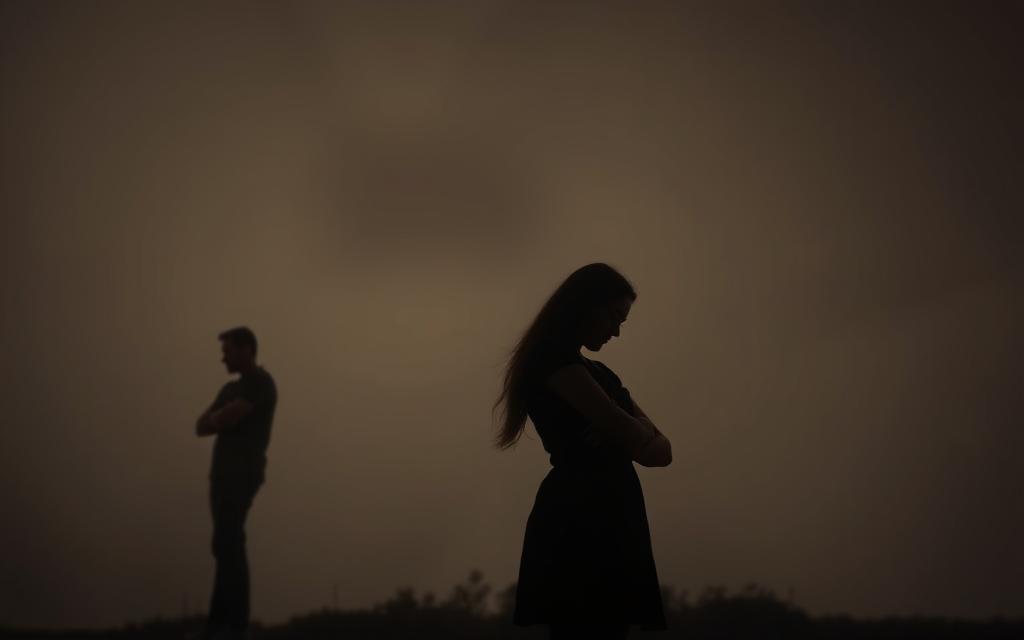 Emotional red flags in relationships: a couple standing apart, faces downcast, arms crossed, an atmosphere of tension and distance. In the foreground, the couple's shadows seem to pull away from each other, a visual metaphor for their disconnection. The background is a muted, moody palette, the lighting soft and hazy, evoking a sense of emotional heaviness. The overall mood is one of discomfort, uncertainty, and the unraveling of intimacy. The scene is captured through a slightly low angle, heightening the sense of emotional vulnerability and the weight of the situation.