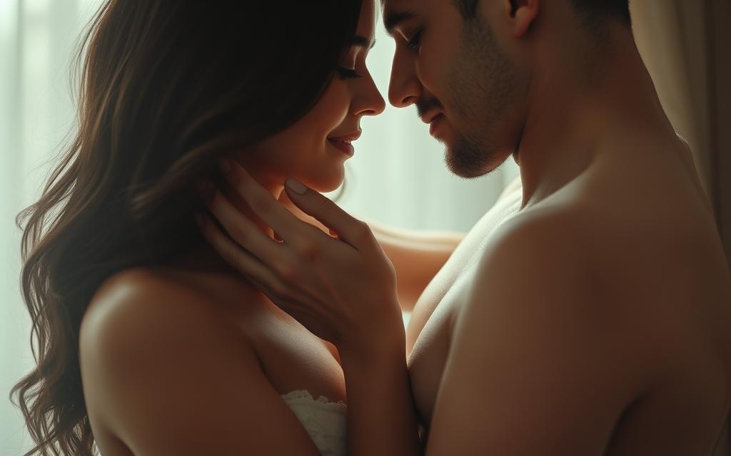 Intimate portrait of two lovers exploring the depths of their connection. Soft, sensual lighting accentuates the curves and contours of their intertwined bodies. Hazy, dreamlike atmosphere evokes an intimate, private moment. Focus shifts between the delicate caress of fingertips, the gentle press of lips, and the subtle tension in their embrace. Neutral tones and muted colors create a serene, inviting mood. Composition emphasizes the fluid movement and emotional intimacy, rather than explicit physicality. Overall, a sensitive, tasteful depiction of the nuances and variations within sexual intimacy.