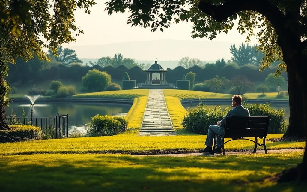 Peaceful garden setting with a serene pond, lush greenery, and a warm, natural lighting. In the foreground, a person sitting on a park bench, deep in contemplation, symbolizing the introspective journey of healing. In the middle ground, a path leading to a small, hidden gazebo, representing the gradual steps towards reconciliation. The background features a soft, hazy horizon, conveying a sense of hope and tranquility. The overall scene evokes a calming atmosphere, encouraging self-reflection and the gradual process of mending a broken relationship. Peaceful garden setting with a serene pond, lush greenery, and a warm, natural lighting. In the foreground, a person sitting on a park bench, deep in contemplation, symbolizing the introspective journey of healing. In the middle ground, a path leading to a small, hidden gazebo, representing the gradual steps towards reconciliation. The background features a soft, hazy horizon, conveying a sense of hope and tranquility. The overall scene evokes a calming atmosphere, encouraging self-reflection and the gradual process of mending a broken relationship.