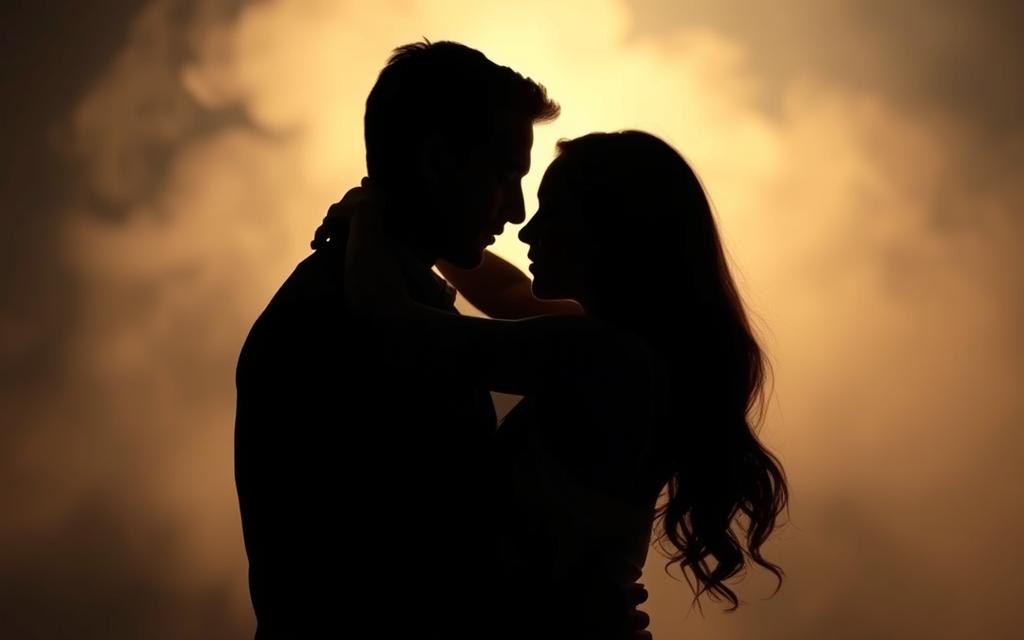 Sensual silhouettes intertwine, desire palpable in their embrace. Soft lighting casts a warm glow, highlighting the vulnerability and longing etched on their faces. In the background, a hazy, dreamlike atmosphere, suggesting the search for validation and connection amidst the complexities of relationships. Elegant, muted tones evoke a melancholic yet intimate mood, inviting the viewer to ponder the nuances of human needs and the delicate balance between fulfillment and disappointment.