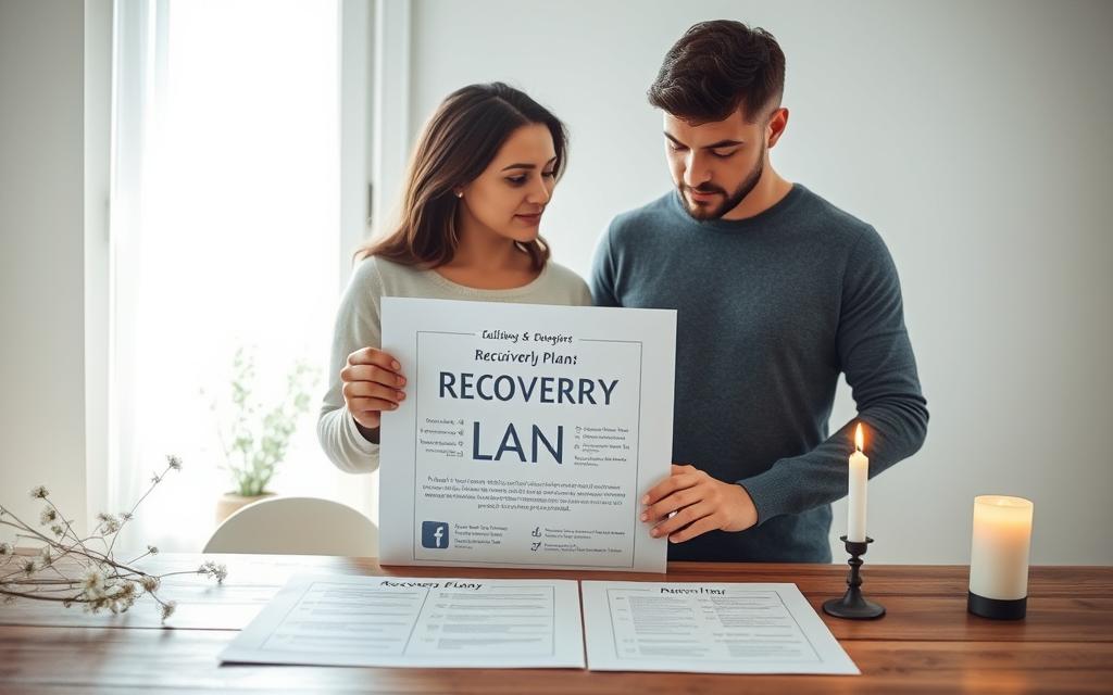 Soft-lit scene of a couple standing together, gazing thoughtfully at a meticulously crafted recovery plan laid out before them on a wooden table. The woman holds the man's hand, their faces reflecting a mix of determination and vulnerability. In the background, a window allows natural light to stream in, casting a warm, hopeful glow. Delicate flowers and a single lit candle create a serene, contemplative atmosphere, symbolizing the gradual healing process. The composition is balanced, with the recovery plan occupying the central focal point, guiding the viewer's eye towards the couple's collaborative journey towards recovery.