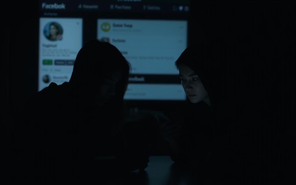 Two individuals sit at a dimly lit table, their faces obscured by shadows, as they engage in a hushed conversation on their smartphones. The scene is illuminated by the soft glow of the screens, casting an eerie, clandestine atmosphere. In the background, the blurred outline of a social media platform's interface is visible, hinting at the online nature of their interaction. The low-angled lighting creates a sense of secrecy and concealment, while the tight framing emphasizes the intimate and private nature of the exchange. The overall mood is one of mystery, intrigue, and the hidden dynamics of modern relationships.
